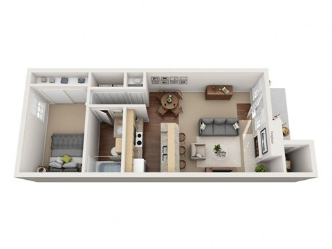 A 3D floor plan of a house with a living room, kitchen, and two bedrooms.